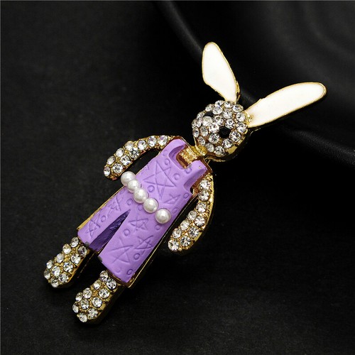 Purple Resin Cute Rabbit Pearl Crystal Fashion Women Charm Brooch Pin - Picture 3 of 4