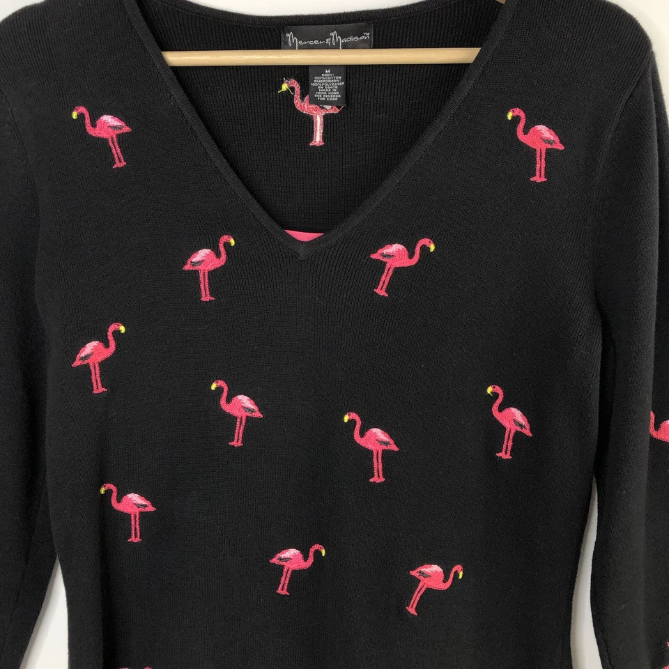 Mercer And Madison Women Black Sweater Top Size M Flamingo Embroidered Tropical - Image 4 of 4