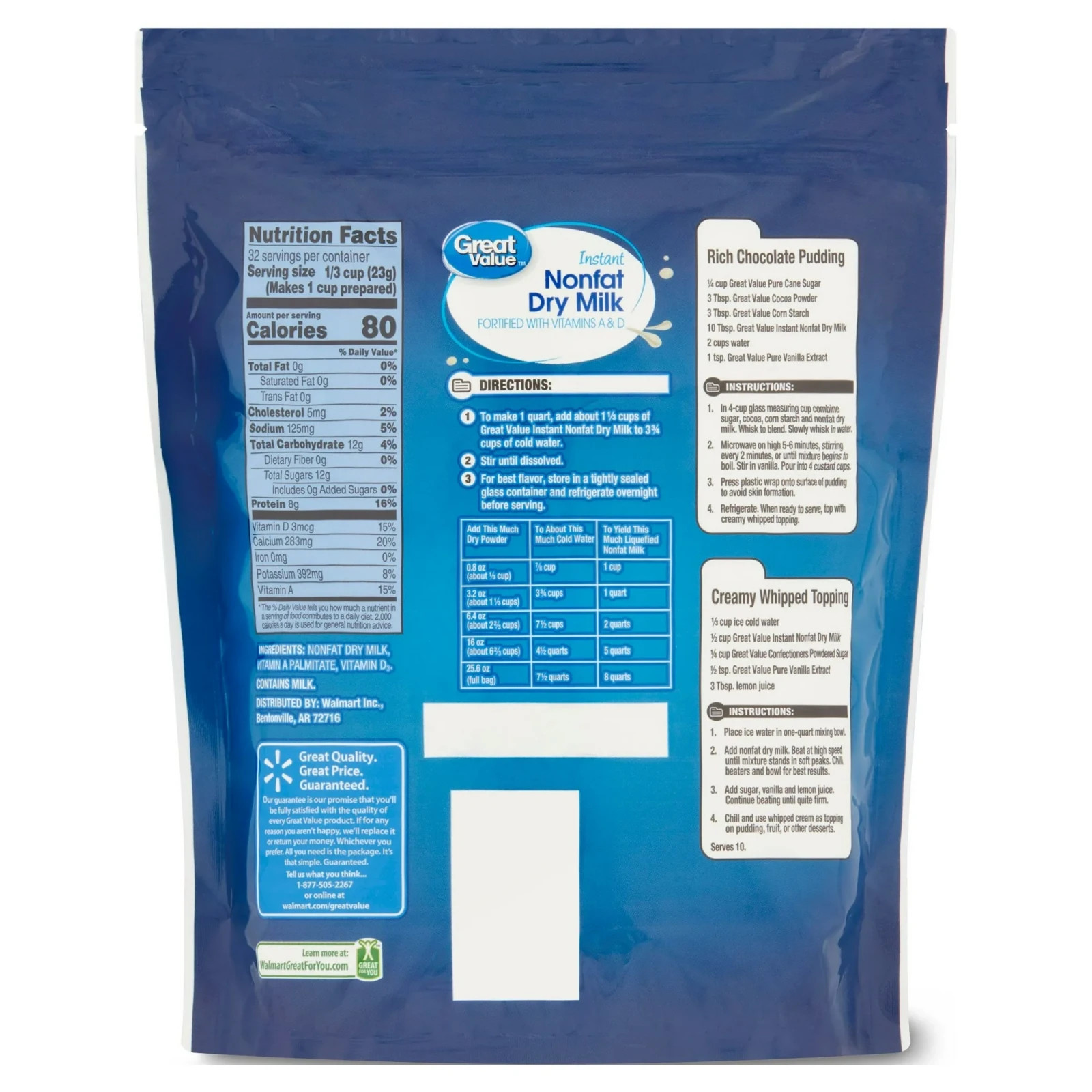 Great Value Instant Nonfat Dry Milk, 25.6 oz, Bag,