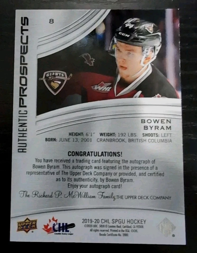 2019-20 Upper Deck CHL SPGU Hockey Bowen Byram Authentic Prospects Auto - Image 2 of 2
