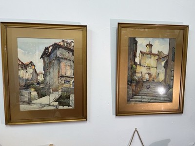 Ethel Mars Europäische Straßenszene Drucke Paar gerahmt Vintage Kunst