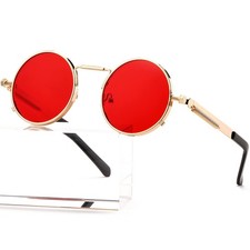 AIEYEZO Round Steampunk Sunglasses Trendy Retro Circle MM, Gold/Ocean Red