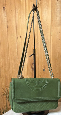 Tory Burch Green Chevron Shoulder Bag Chain Strap Bag Charm Embossed Logo