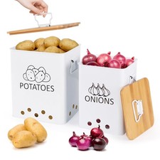 Potato and Onion Storage Bin, Set of 2 Vegetable Storage Tins with Wooden Lid...