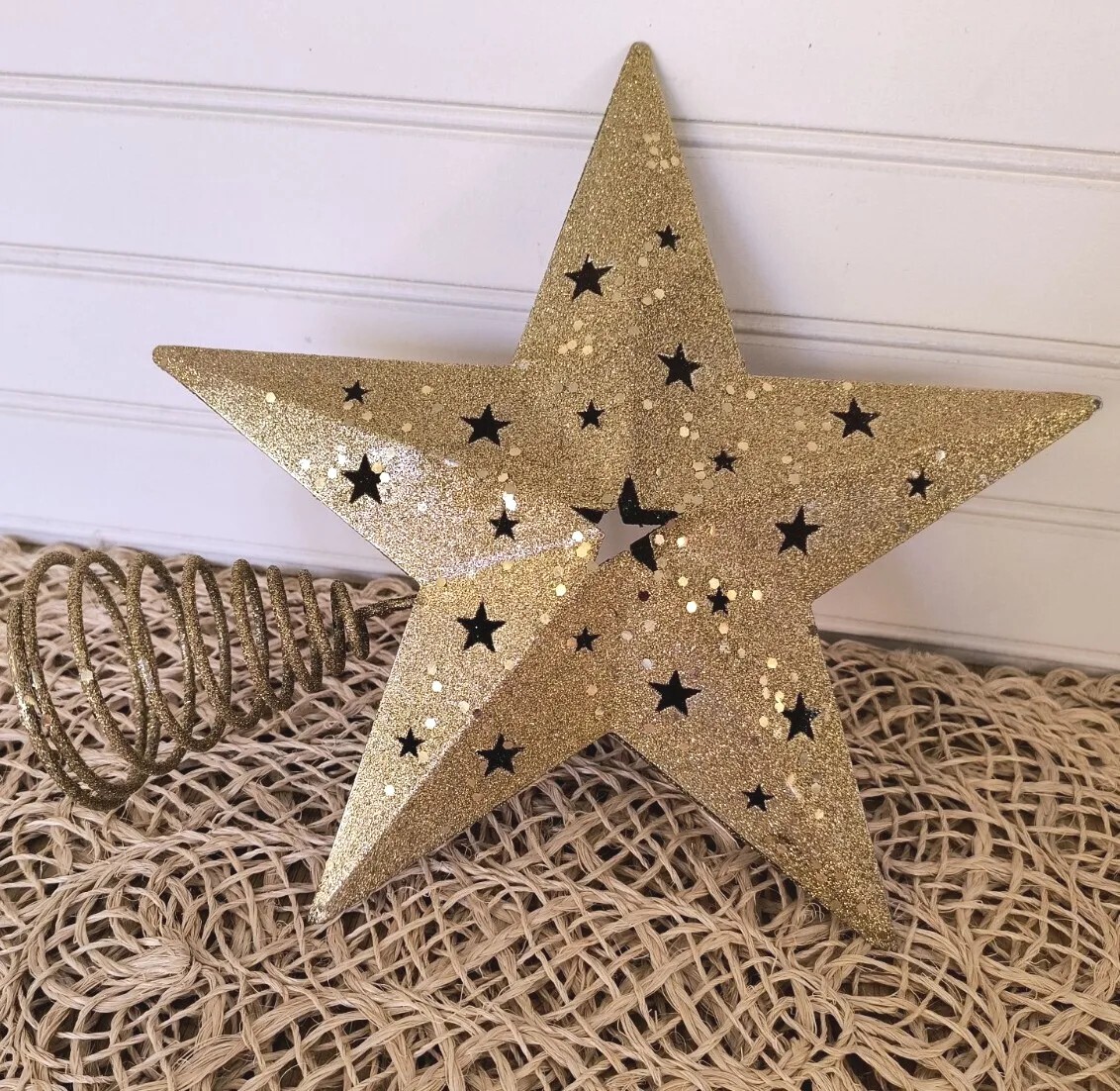 Gold Glitter Star Tree Topper, Star Cut Outs, Christmas, Sturdy Metal