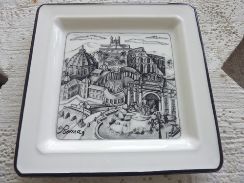 Brunelli Ceramic Plate Roma Square Black & White~MADE in ITALY 10.25' x10.25"