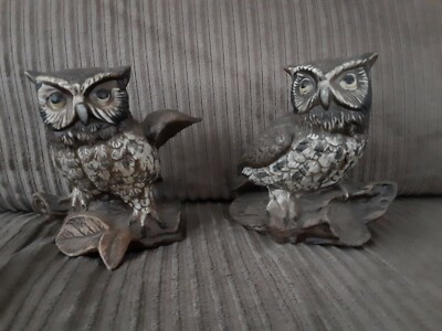 Beautiful Pair Of  Homco Brown & White Owl Figurines 1114