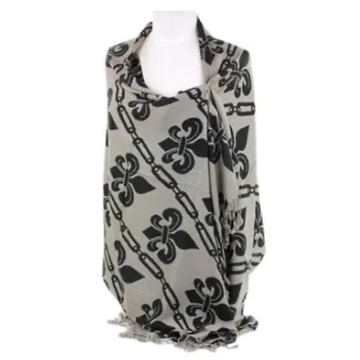 Women's Silver & Black Fleur De Lis Poncho/Shawl with Fringed Hem