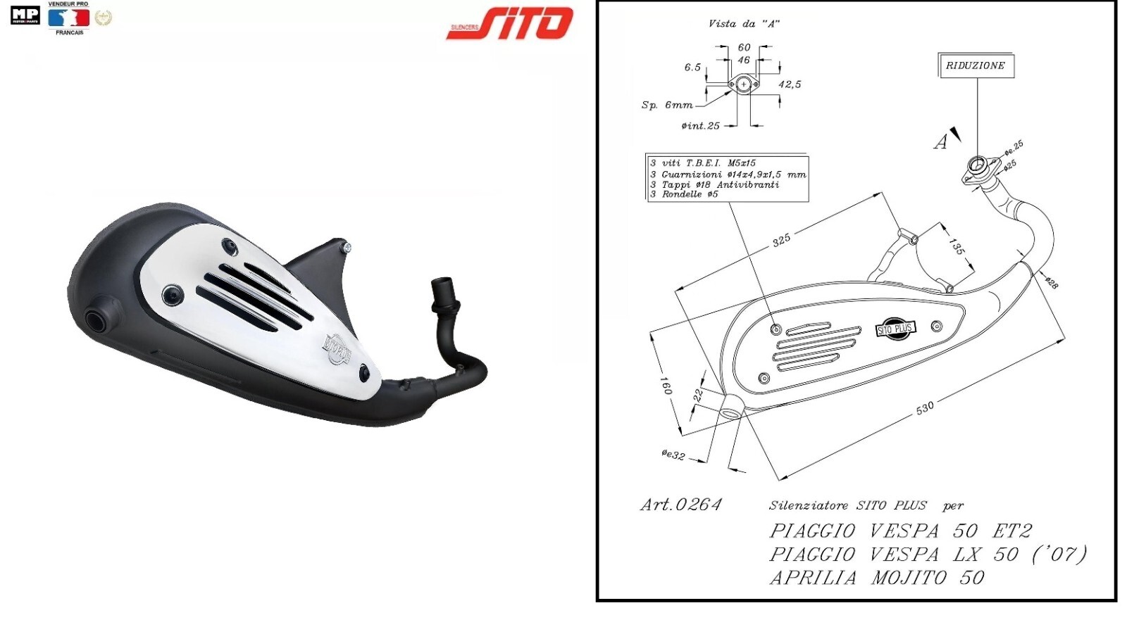 Pot d'échappement SITO 0264 Vespa LX 50 2T anti-bruit pour rouler en ville