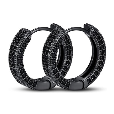 Black Plated Mens Sterling Silver Fully Iced Black Onyx Cz Hoop Earrings