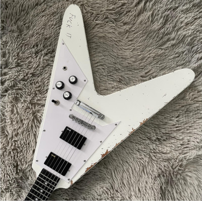 Hot Sale Flying V Electric Guitar White Relic Skull H-H Pickups