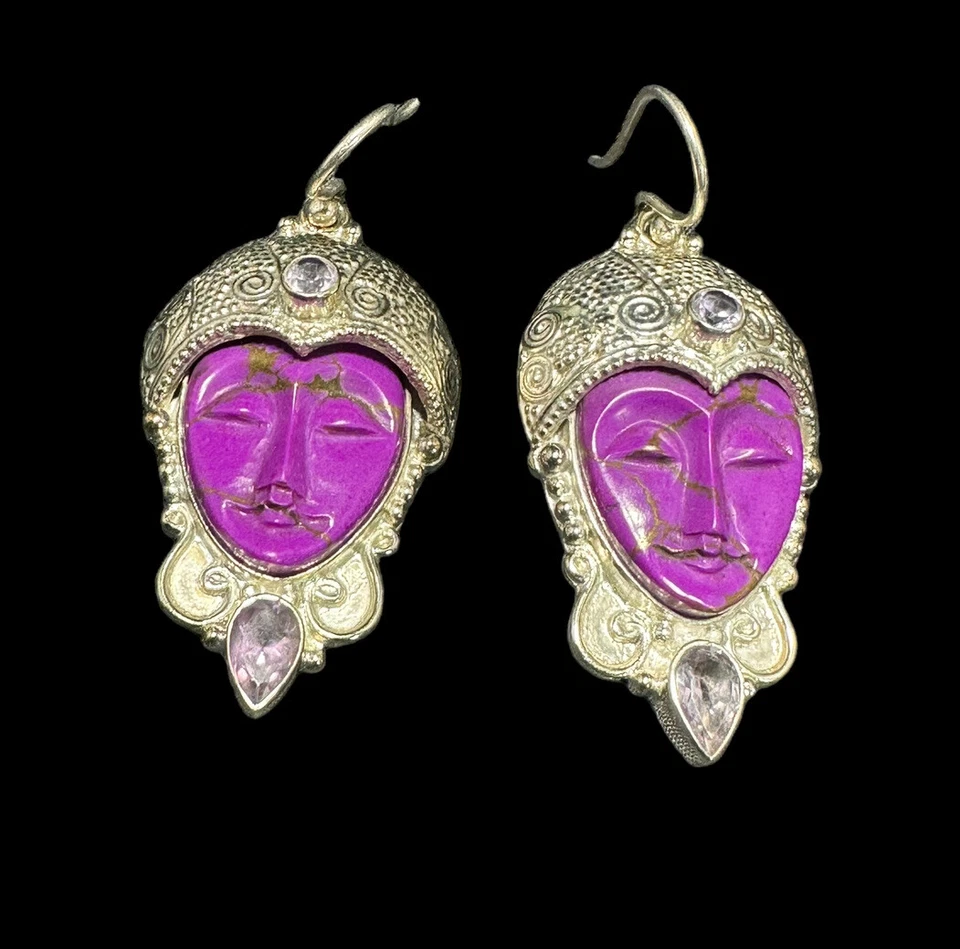 Silver Plate Bali Ethnic Gemstone Carved Face Earrings Amethyst Dangle Hook - Image 4 of 4