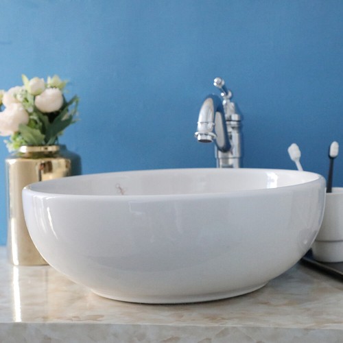 Bathroom White Ceramic Sink Round Chrome Single Handle&Hole Deck Mount Mixer Tap - Picture 15 of 15