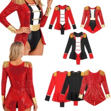 Womens Circus Ringmaster Cosplay Bodysuit Sequin Tail Jumpsuit Halloween Costume