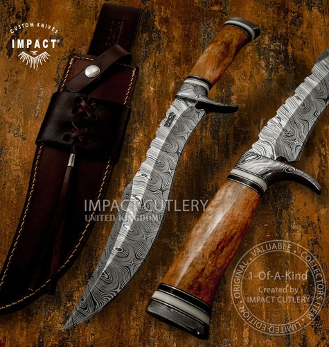 IMPACT CUTLERY RARE CUSTOM ART DAMASCUS BOWIE KNIFE CAMEL BONE