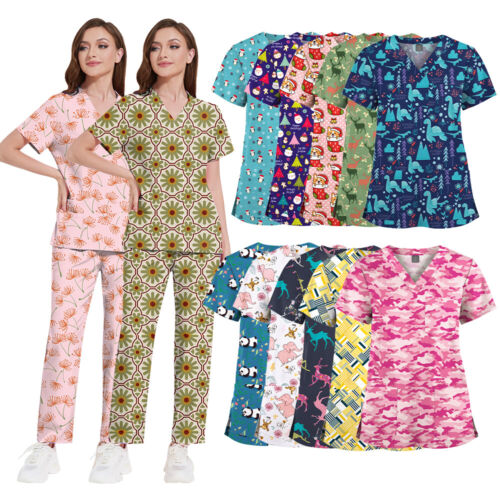 100% Cotton Unisex Cartoon Print V-Neck Scrub Tops - Short Sleeve for Women & Me - Picture 3 of 63