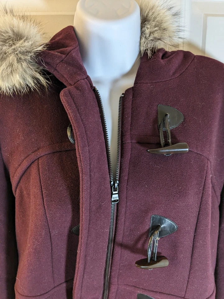 Andrew Marc 连帽羊毛大衣,土狼皮草,栗色,8 码 — 第 2/4 张图片