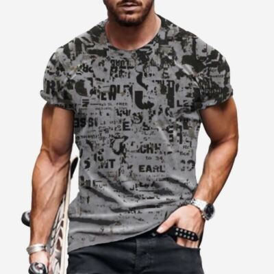 T-Shirt Men‘s Fashion Distressed Black Gray Graphic Short Sleeve ...