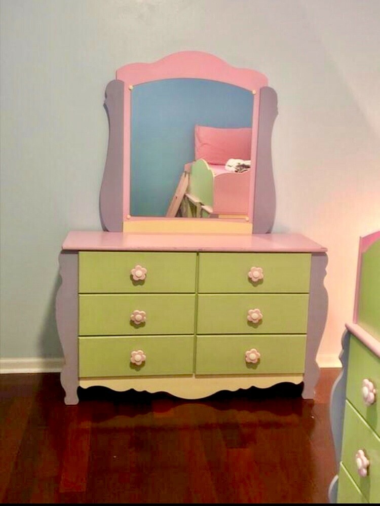 Girl's Pink & Green Floral Twin Loft Bed w/Storage & Shelves & Dresser +  Mirror