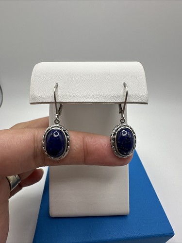 Beautiful Oval Lapis Lazuli Sterling Silver Leverback Dangle Earrings - Picture 3 of 6