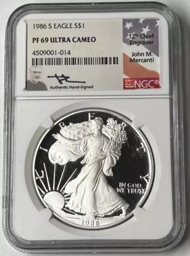 1986 S Proof Silver Eagle- NGC PF69 Ultra Cameo -John Mercanti Hand Signed Label
