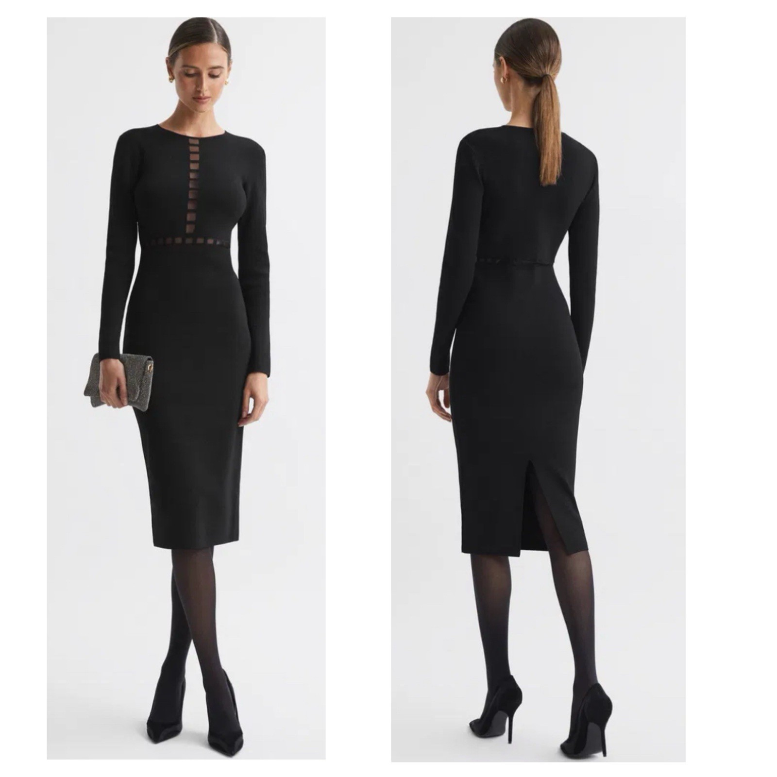 REISS Sage Mesh Panel Black Long Sleeve Midi Dress Bodycon Size Large