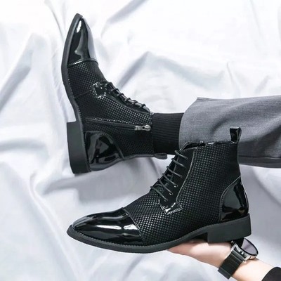 Elegante Herren Stiefeletten Schwarz Glänzende Spitze Schnürung Abend-Look 01303