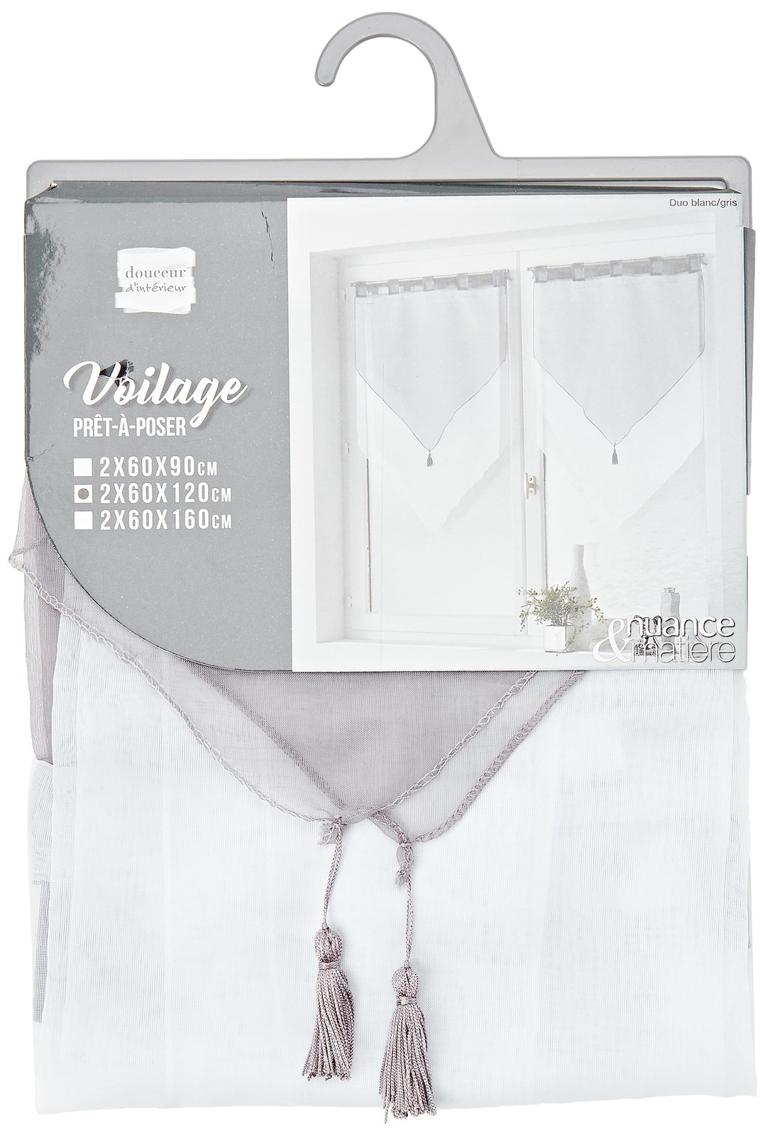 Voilage bicolore blanc et gris pour habiller une fenêtre de salle de bain