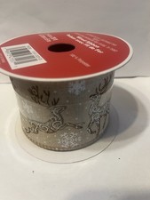 2 1/2 x 20Ft Wired Edge Ribbon . Reindeers Snowflakes Beige. Christmas Winter