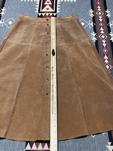 Gonna vintage anni 70 pelle scamosciata marrone boho linea A midi taglia 11/12 T37 - Foto 4 di 7