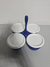 Tupperware Condiment Caddy Dip Server 4 Compartments Blue White With Lids