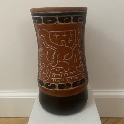 Leopoldo de Mexico Signed Aztec Vase - Terracotta w/ Green Glazed Interior