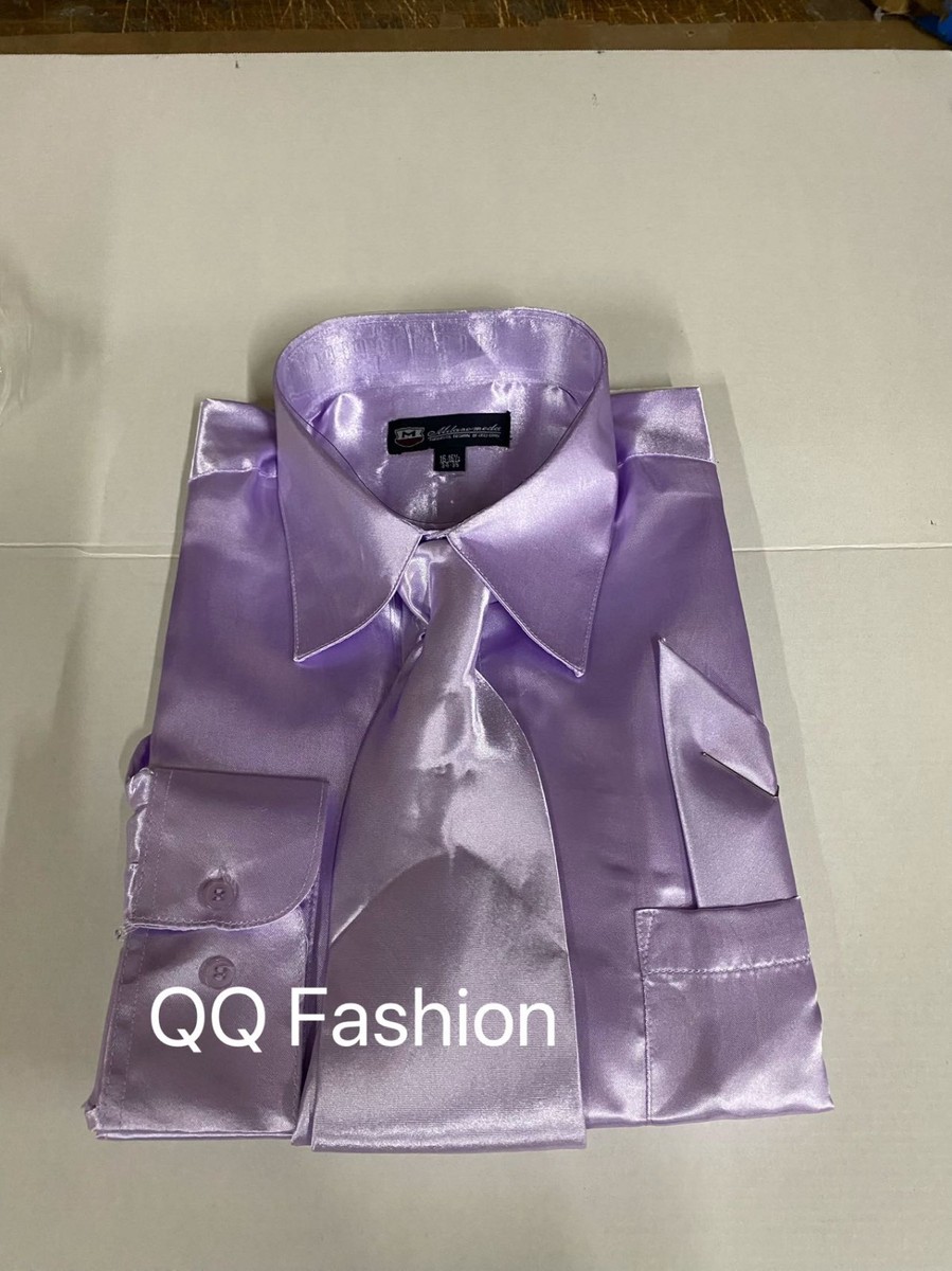 mens shiny silver dress shirt Men's Regular Fit Shiny Satin Dress Shirt, Tie & Pocket Square Set in Grey, 15 32/33 / Grey