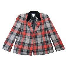 Jones New York Blazer 10 Red Green Plaid Wool Velvet Collar Holiday Christmas