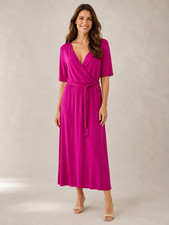 Ex TU Fuschia Pink Wrap Bust Midi Dress with Belt Tie Size S M L