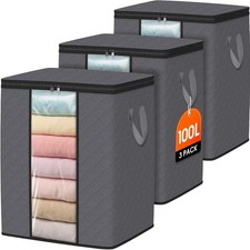 3 Pack 100L Clothes Storage, Foldable Thick Fabric Blanket Storage Bags, Cont...
