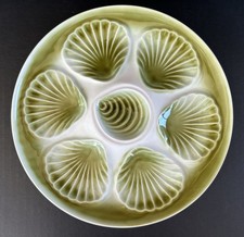 French Majolica Oyster Plate Chartreuse Green  White Moulin Des Loups