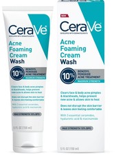 CeraVe Acne Foaming Cream Wash, 10 Benzoyl Peroxide Facial Cleanser, 5oz