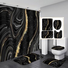 Nkzply 4 Pcs Black Marble Shower Curtain Sets with Rugs Gold Bathroom Sets with