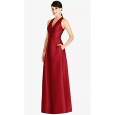 NEW! Alfred Sung Women's 18 Satin Open Back Pleated Dress Garnet $242 msrp J1-8