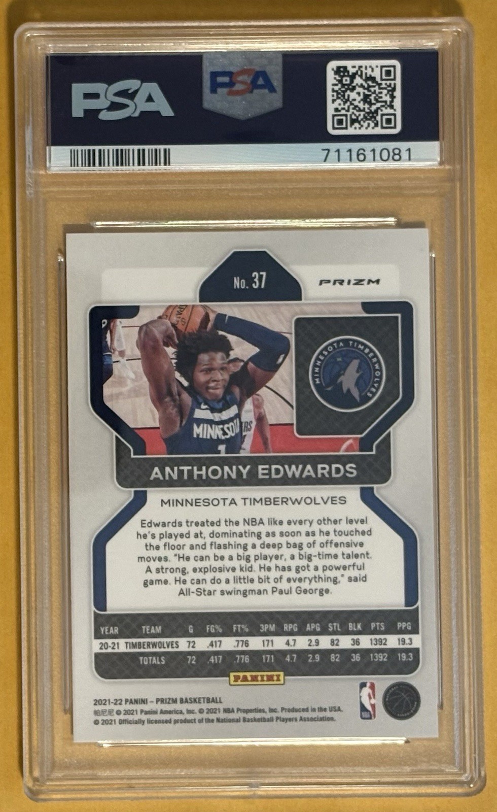 2021 Panini Prizm Anthony Edwards #37 Silver Prizm ( PSA 10 ) 2nd Year ! view 2