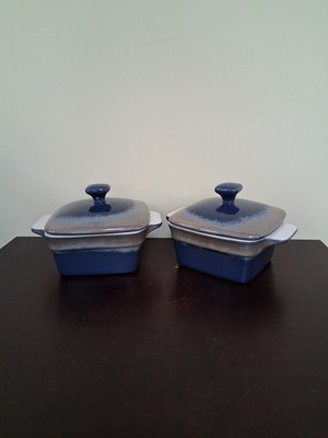 Set of 2 LOVECASA Stoneware Ramekins w/Lids Blue Gray Two-Tone 