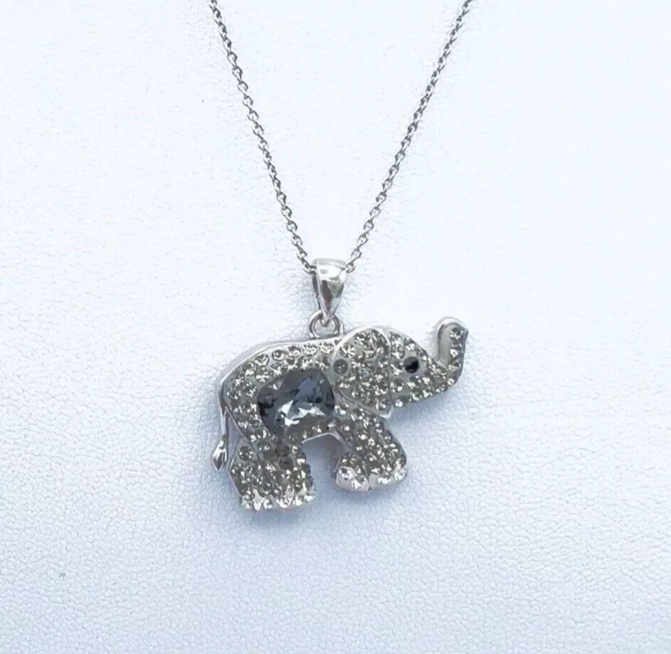 Sunstone Imports Silver Tone Grey Rhinestone Elephant Pendant