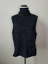 Field Manor size XL Black Mock Neck Top Blouse Sequence Embellishments Wool