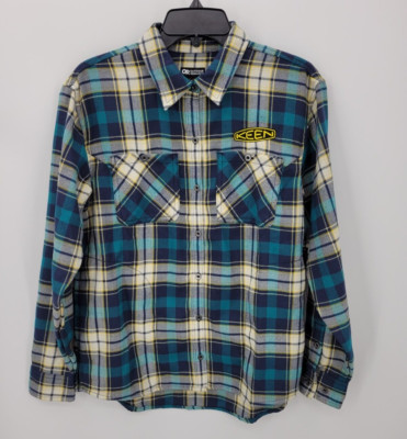 Outdoor Research Top Womens Small Blue Tan Plaid Flannel Button Up Keen Logo