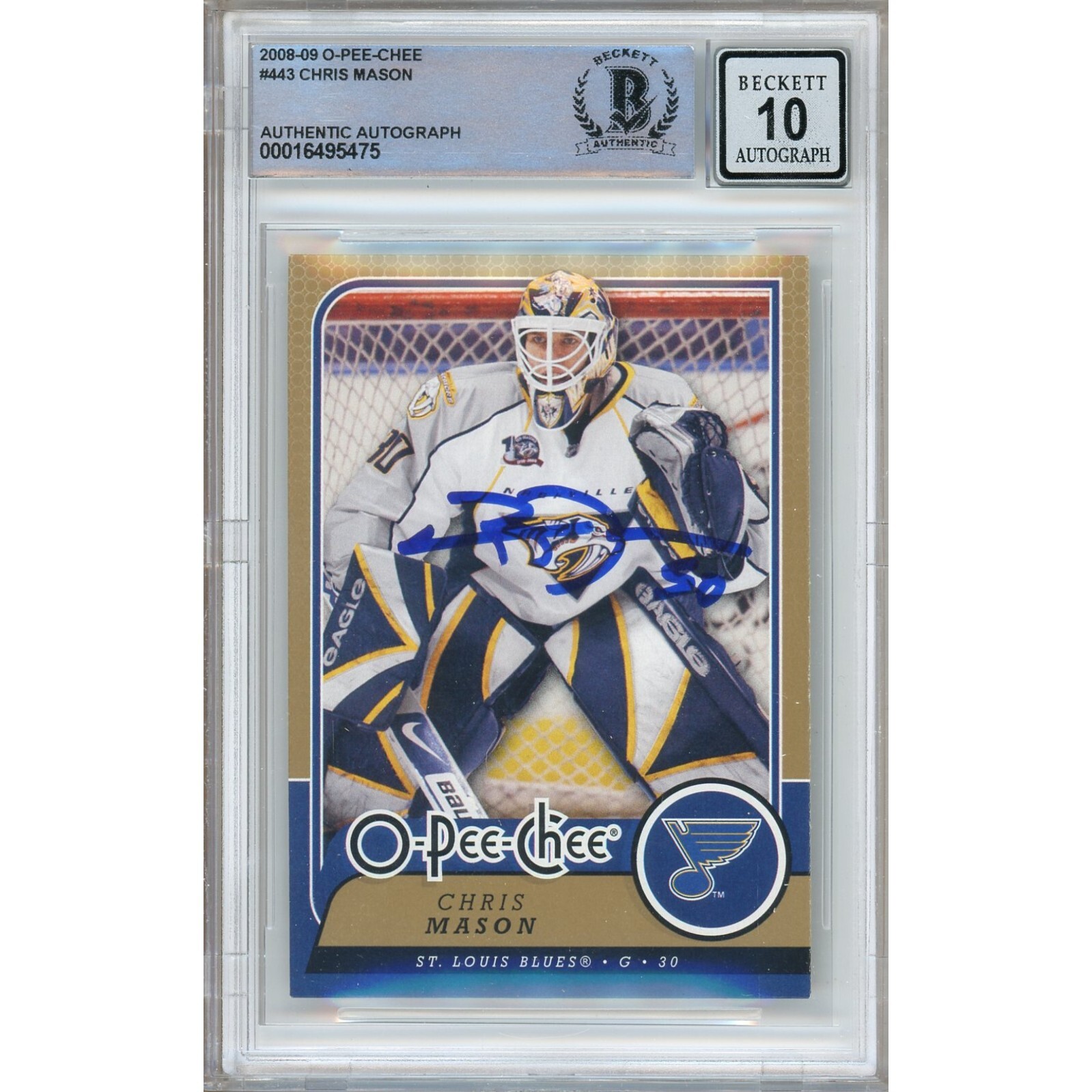 Chris Mason Nashville Predators Autograph 2008-09 O-Pee-Chee BGS Auto 10 Slab