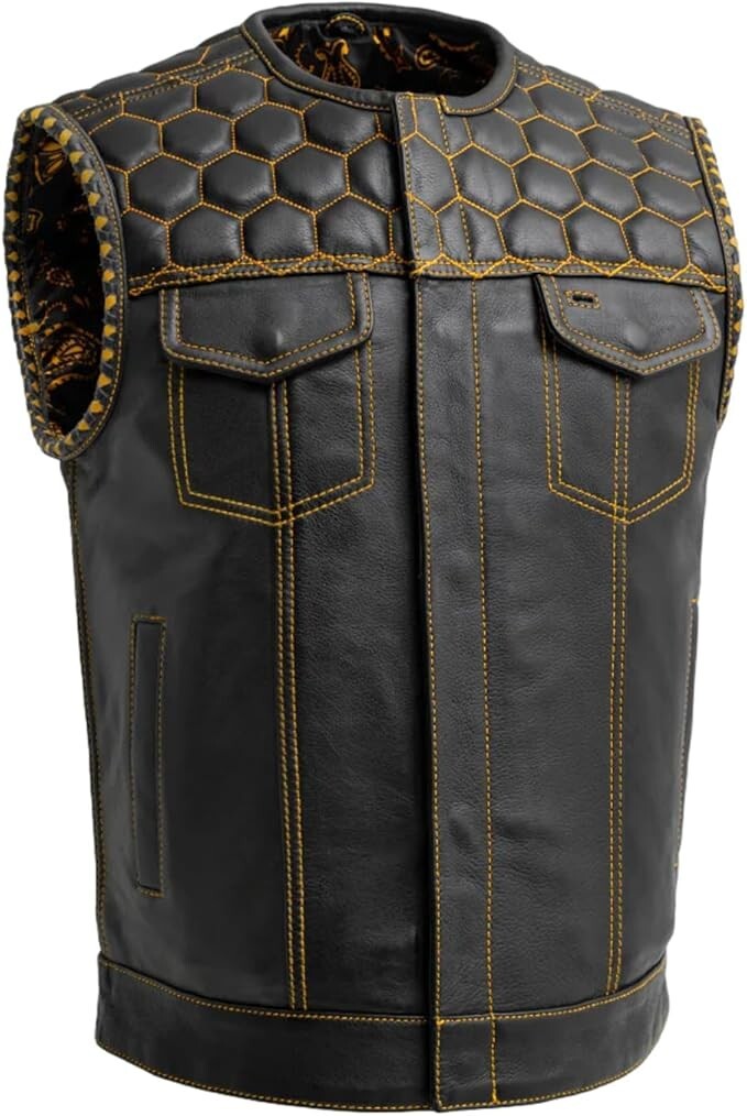 Mens Black Diamond Leather Vest - Anarchy Hunt Club Hornet Motorcycle Biker Vest