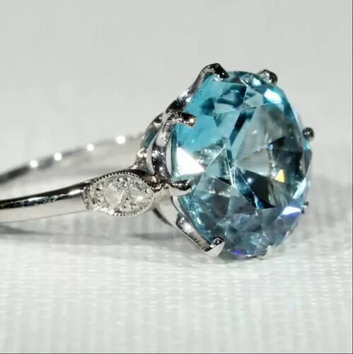 Solitaire Engagement Ring 14k White Gold Finish 3Ct Round Aquamarine Diamond-image