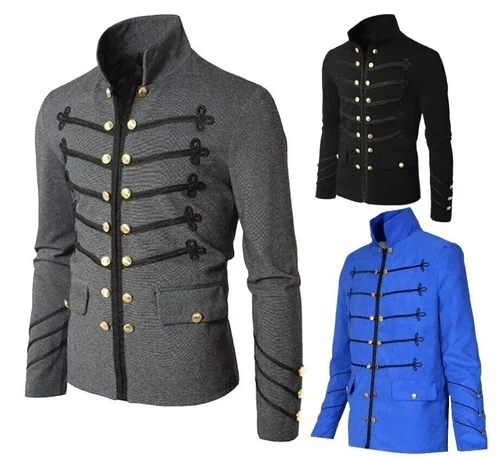 Men Gothic Clothing Military Jackets StandCollar Rock Frock Coat Retro Punk Coat