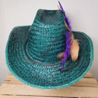 Classic Dark Green Woven Straw Cowboy Hat w/ Decorative  display picture 1